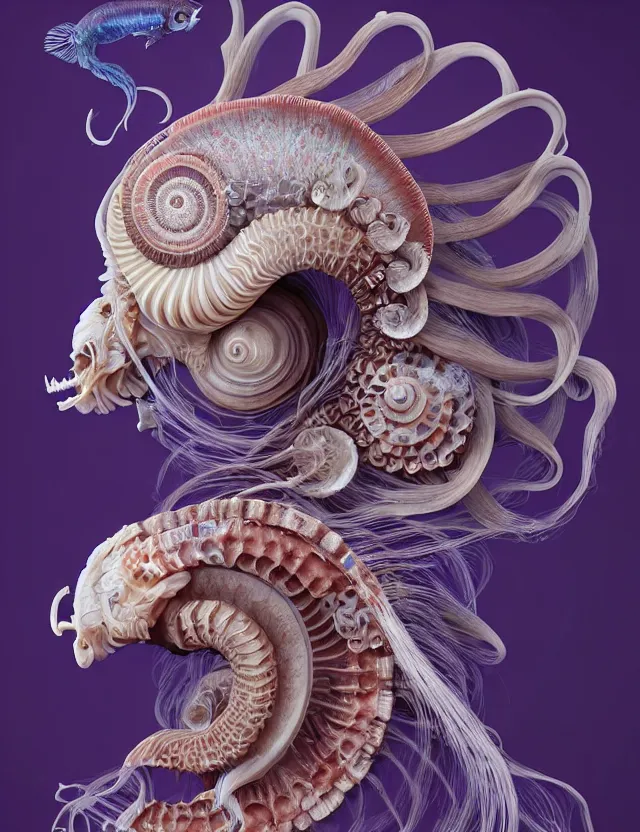 Image similar to 3 d goddess nautilus half - turn portrait with long hair with ram skull. beautiful intricately detailed japanese crow kitsune mask and clasical japanese kimono. betta fish, jellyfish phoenix, bio luminescent, plasma, ice, water, wind, creature, artwork by tooth wu and wlop and beeple and greg rutkowski