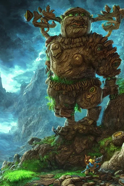 Image similar to zelda fantasy art giant golem troll wood rock greeble gemstone, global illumination ray tracing hdr fanart arstation by sung choi and eric pfeiffer and gabriel garza and casper konefal