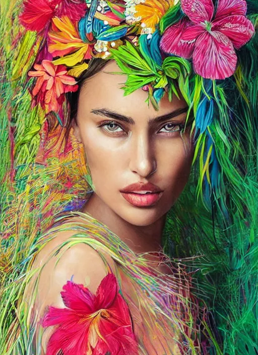 Image similar to beautiful portrait of Irina Shayk wearing fantastic Hand-dyed cotton dress,embellished beaded feather decorative fringe knots ,colorful pigtail,subtropical flowers and plants,symmetrical face,intricate,elegant,highly detailed,8k,digital painting,trending on pinterest,harper's bazaar,concept art, sharp focus, illustration,golden ratio,by artgerm,Tom Bagshaw,Lawrence Alma-Tadema,greg rutkowski