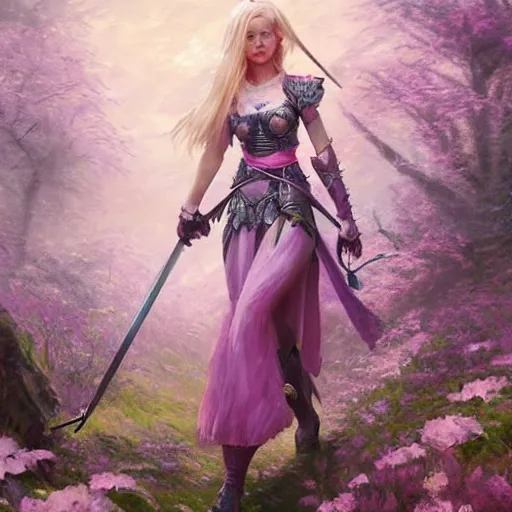 Prompt: Blonde female knight, carrying a two handed sword in a magical forest with purple and pink flowers, by greg rutkowski and thomas kinkade, Trending on artstation.