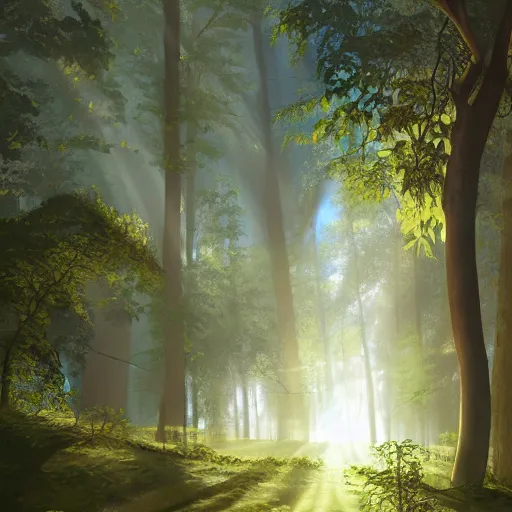 Prompt: sunlight streaming through the leaves of trees at Santa Lucia, beautiful digital painting by Tomas Scholes and part by Sergeant, trending on artstation, high detail