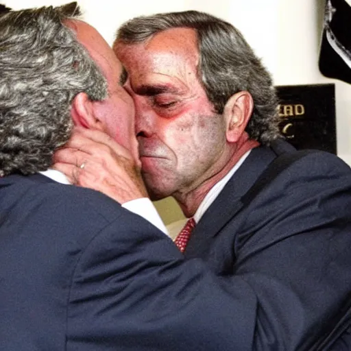 Prompt: nestor kirchner having a deep long sloppy kiss with george bush