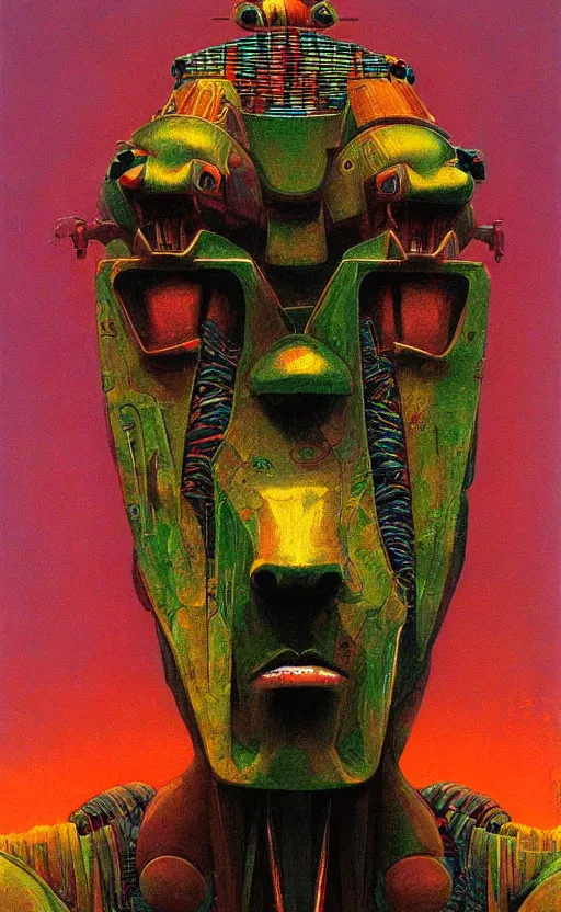 Image similar to portrait of mecha african tribal chief, symmetrical, dramatic lighting, colourful, art by zdzislaw beksinski,