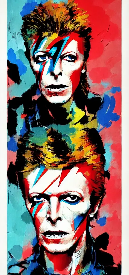 Image similar to David Bowie by Ashley Wood, Yoji Shinkawa, Jamie Hewlett, 60's French movie poster, French Impressionism, vivid colors, palette knife and brush strokes, Dutch tilt