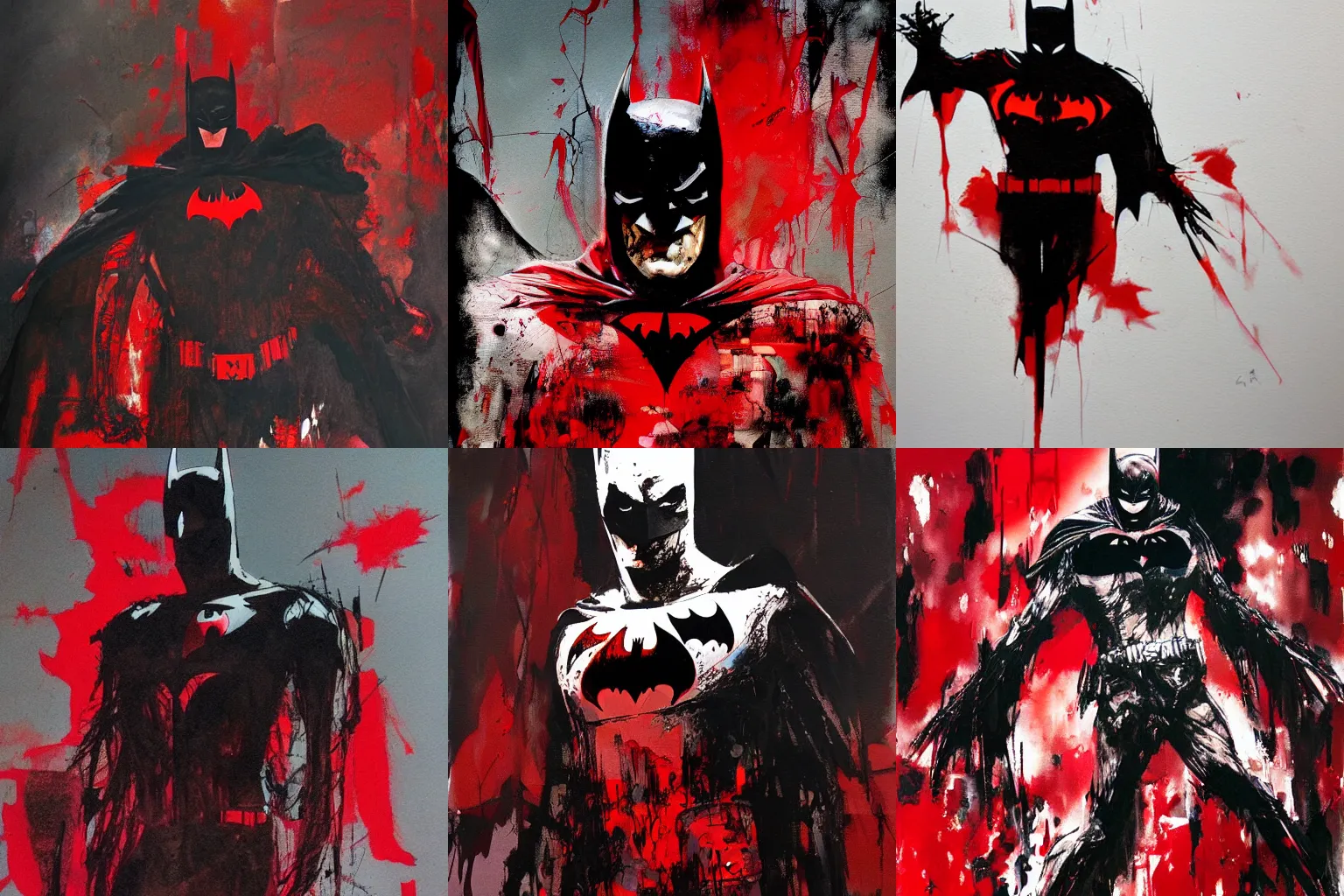 Prompt: abstract dark rotten sinewy skeletal red batman by ashley wood and phil hale, 4K detailed post processing