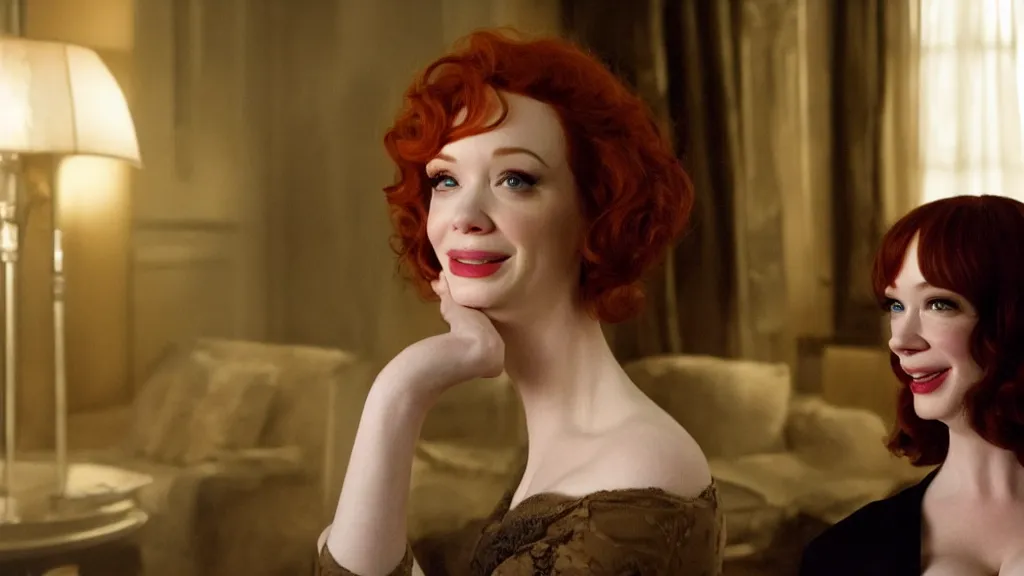 Image similar to a very happy beautiful Christina Hendricks in the living room, film still from the movie directed by Denis Villeneuve with art direction by Salvador Dalí, wide lens