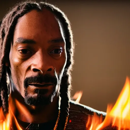 Image similar to cinematic film still of Snoop Dogg starring as a Samurai holding fire, Asian CGI, VFX, 2022, 40mm lens, shallow depth of field, film photography