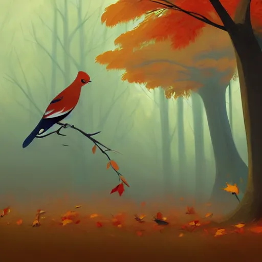 Image similar to goro fujita ilustration a beautiful bird with open wings and feathers flying over a forest full of autumn trees, painting by goro fujita, sharp focus, highly detailed, artstation