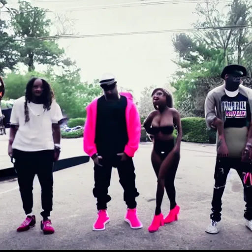 Image similar to still from Atlanta rap artist music video, group of people wild