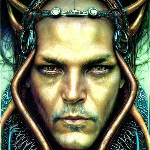 Image similar to a closeup portrait photograph of an art nouveau cyberpunk shaman by ted nasmith, luis royo and brom