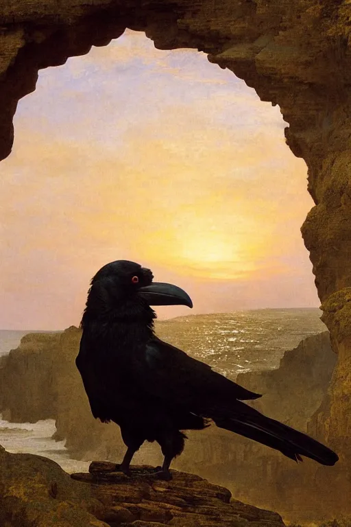 Image similar to a breathtakingly stunningly beautifully highly detailed extreme close up portrait of a raven under a rock arch, epic coves crashing waves plants, beautiful clear harmonious composition, dynamically shot, wonderful strikingly beautiful serene sunset, detailed organic textures, by frederic leighton and rosetti and turner and eugene von guerard, 4 k