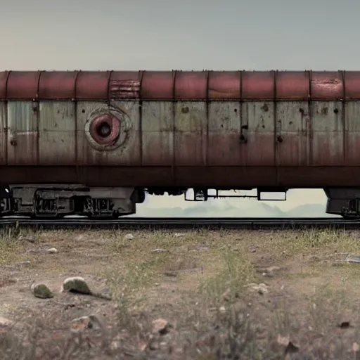 Prompt: technobiological rusty traincar, biopunk, high detail, photorealism, full length view, concept art, octane render, 8 k. cgsociety by wayne barlowe, dariusz zawadzki