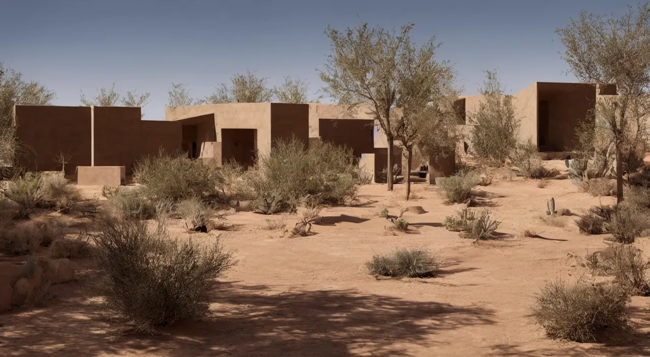 Image similar to desert house made from rammed earth and weathered steel, courtyard with cactus and palo verde trees, photorealistic, detailed, cinematic lighting