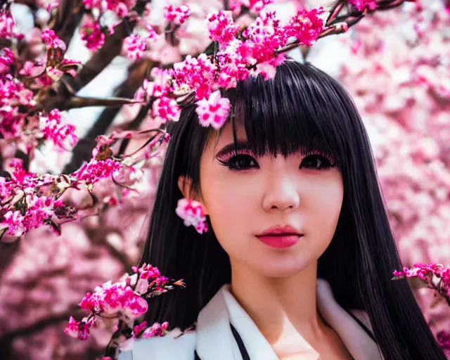 Image similar to close up portrait of an japanese gyaru with beautiful face and modern clothes, sakura blooming in the background, bokeh, depth of field, dramatic lighting, cinematic, vivid colors, matte painting, vivid color scheme