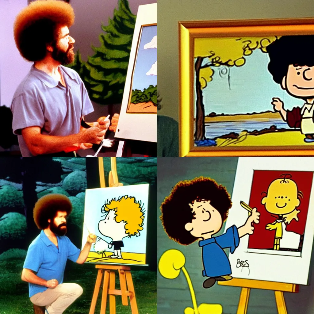 Image similar to Bob Ross painting a picture of Charlie Brown, tv show, 90s,