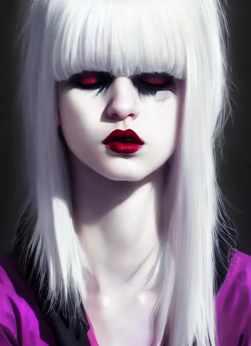 Image similar to portrait of white teenage girl, normal face, white bangs, mall goth, cyberlox, black and white hair, bangs, fluffy bangs, red contact lenses, purple lipstick, intricate, elegant, highly detailed, digital painting, artstation, concept art, sharp focus, smooth, illustration, art by wlop, mars ravelo and greg rutkowski