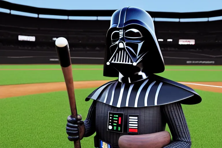 Image similar to Darth Vader at a baseball game holding a bat. 3d rendering, toy story style, pixar style, far view.