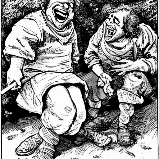Prompt: precisely drawn illustration of two villagers laughing at a joke, wide angle, sharp, fine details, French comic style, vibrant realistic colors, full color, heroic fantasy, intense line art, 8k, precise linework, realistic, in the style of Richard Corben and Moebius