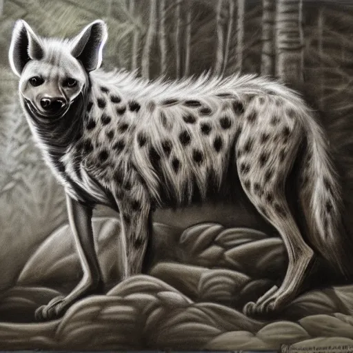 Image similar to highly detailed charcoal painting of a devilish hyena in the woods