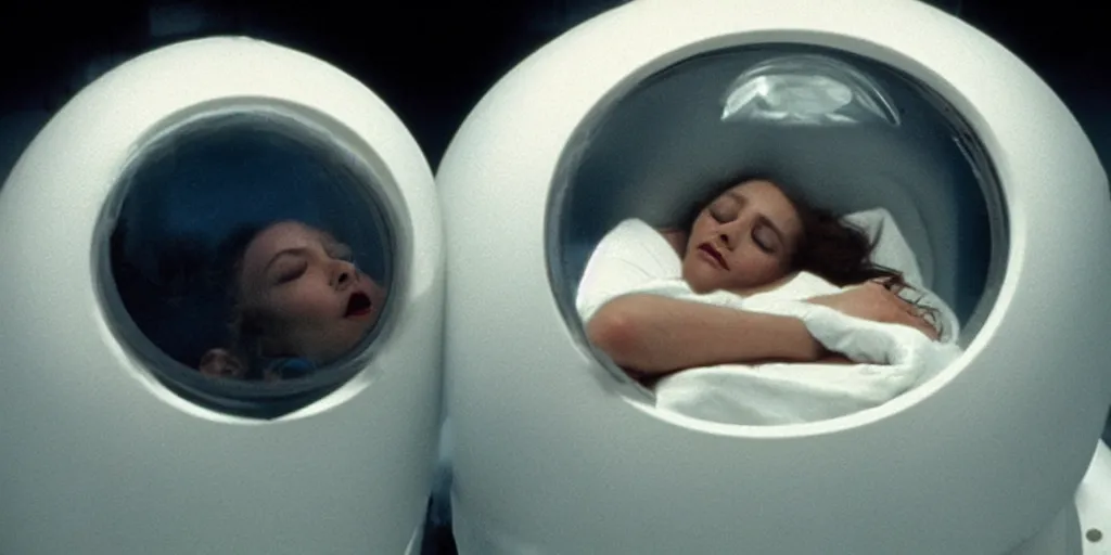 Image similar to a close-up of Ripley sleeping inside an all-white cryogenic sleeping capsule by Ridley Scott, Alien movie, grainy, bluish and cream tones