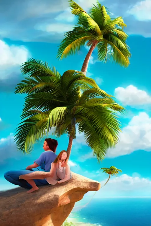 Prompt: conceptual art of one loving couple sitting on a cloud with palms, high in the sky above a paradisiac ocean, mattepainting concept pixar maya engine on stylized background global illumination lighting artstation