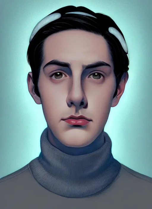 Image similar to portrait of teenage jughead jones wearing a light grey crown, crown, blue turtleneck, 1 9 5 0 s, closed eyes, photorealistic, black hair, glowing lighting, intricate, elegant, glowing lights, highly detailed, digital painting, artstation, concept art, smooth, sharp focus, illustration, art by wlop, mars ravelo and greg rutkowski