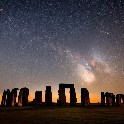 Prompt: a high - quality photo of the perseid meteor shower over stonehenge, milky way, long exposure, iso 1 6 0 0, astrophotography, f 2. 8