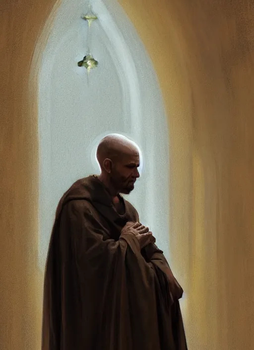 Image similar to oil painting of a weeping tonsured dominican monk in a brown habit, kneeling in a dark empty chapel, hazy, digital art, artstation, cinematic, golden hour, digital art painting by greg rutkowski, cozy atmosphere, cinematic lighting