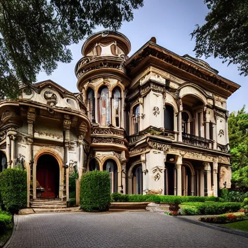 Image similar to ornate mansion with a blend between modern architecture and ancient gothic style interior