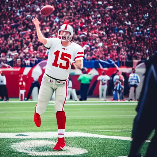 Image similar to joe montana throwing a baby as a football, ( sony a 7 r iv, symmetric balance, polarizing filter, photolab, lightroom, 4 k, dolby vision, photography awardm, voque, perfect face )