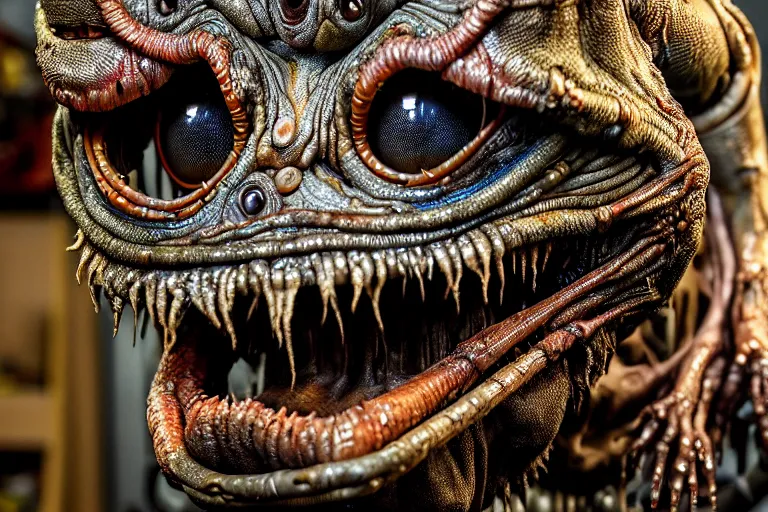 Image similar to wide angle photo taken of an epic intricate, ultra detailed, super realistic gritty, hero prop, exquisitely weathered animatronic movie prop of a lifelike sculpture of a wet, slimy nightmarish hellish alien creature displayed in the workshop, created by weta workshop, full body shot, photorealistic, sharp focus