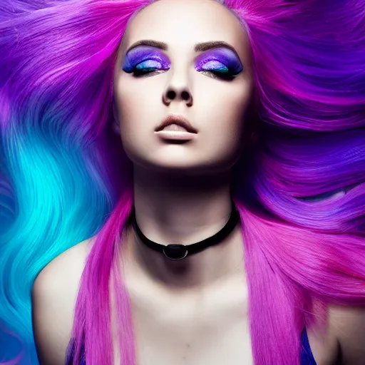 Image similar to a award winning action upper body portrait of a beautiful woman with a ombre purple pink hairstyle with head in motion and hair flying, choker, outrun, vaporware, vivid colors, highly detailed, fine detail, intricate