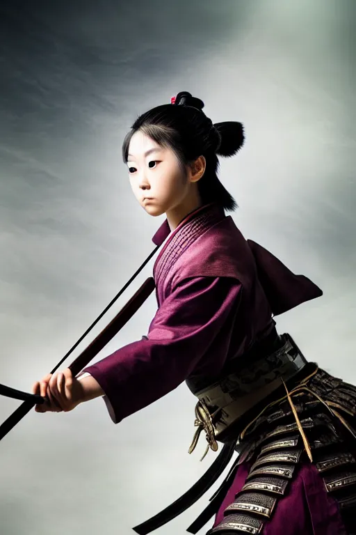 Image similar to highly detailed beautiful photo of a young female samurai, practising sword stances, symmetrical face, beautiful eyes, realistic anime art style, 8 k, award winning photo, pastels, action photography, 1 / 1 2 5 shutter speed, dramatic lighting