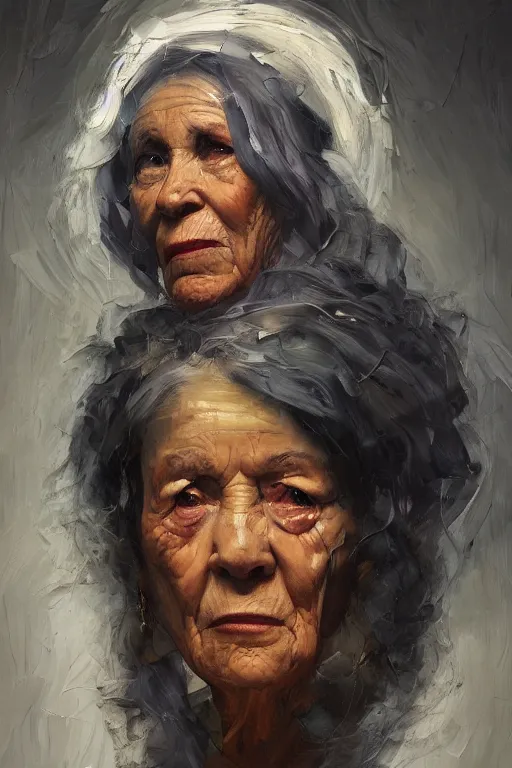 Image similar to palette knife oil painting portrait of ariadne, a mysterious spiritual guide who is a chain smoking old lady in an ashen trench coat. extreme detail, any racial background, artstation trending, artgerm, deviant art, octane, substance, art history 8 k