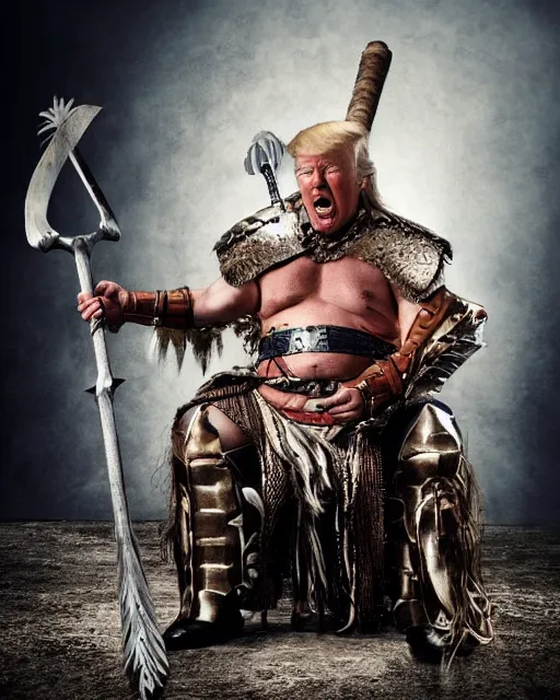 Prompt: donald trump as king conan, directed by john millius, photorealistic, sitting on a metal throne, wearing ancient cimmerian armor, a battle axe to his side, he has a beard and graying hair, cinematic photoshoot in the style of annie leibovitz, studio lighting