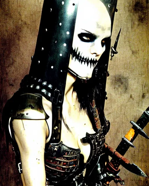 Image similar to portrait of a skinny punk goth warrior wearing armor by simon bisley, john blance, frank frazetta, fantasy, barbarian, hardcore