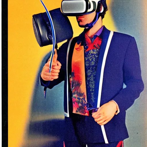 Image similar to a man wearing a high - tech vr helmet wearing a polyester suit from the 7 0 s, 7 0 s fashion, in a 7 0 s living room, magazine ad, professional photography, 3 5 mm