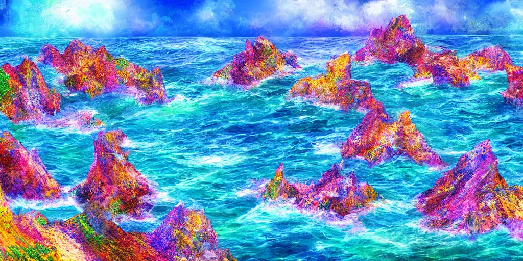 Image similar to glittering multicolored crystal cliffs, viewed from the ocean, high quality digital art,