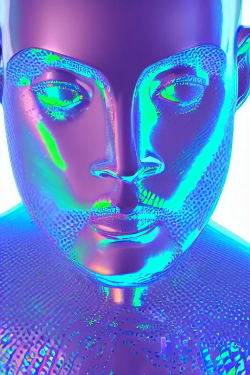 Image similar to 3d render of holographic human robotic bust made of glossy iridescent, bust, surrealistic 3d illustration of a human non-binary, non binary model, 3d model human, cryengine, made of holographic texture, holographic material, holographic rainbow, concept of cyborg and artificial intelligence