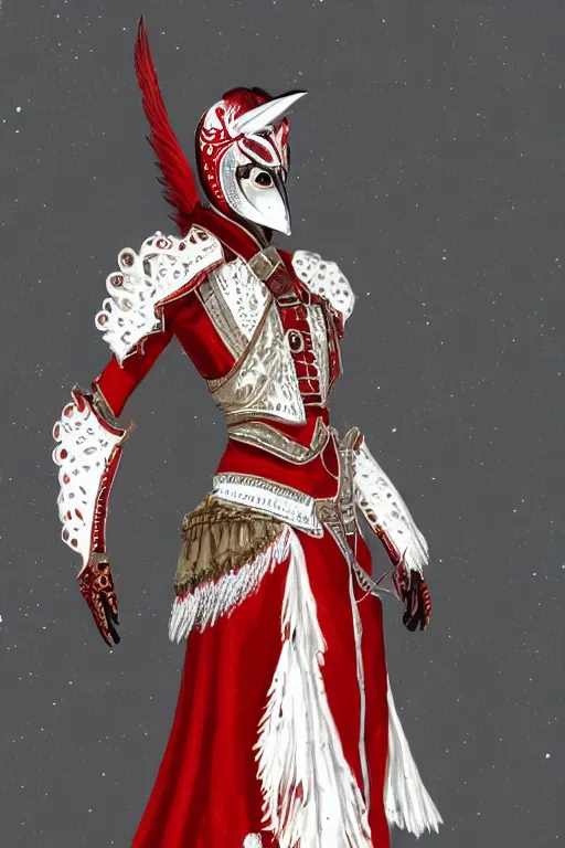 Image similar to female adventurer in tight full - body white embroidered leather armor of vyshyvanka design with red accents and a red porcelain crow mask, trending in artstation, ukrainian, artstation, big moon in the background, establishing shot