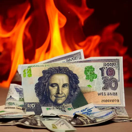 Image similar to pile of Canadian money on fire, flames, photograph, high quality, 4K