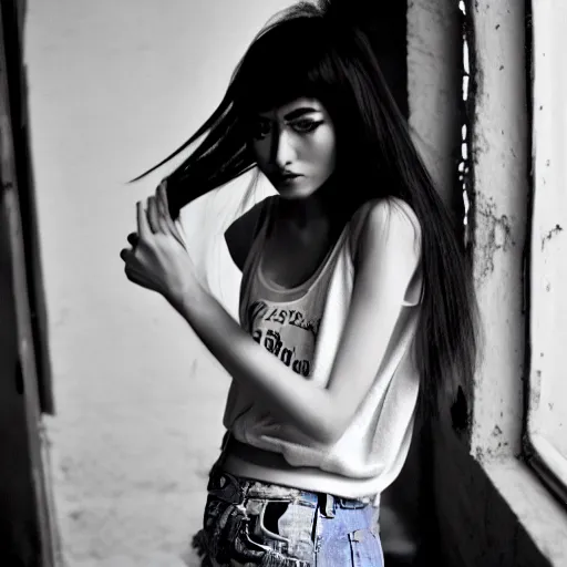 Image similar to she, amazing, snapshot of, face, eyes, hair, neck of beautiful, fashionable, elegant, conservative, young, uzbek, fashion model and student, slender, tank top, denim shorts. image quite stunningly complex. nikon fm 2 film blow - up