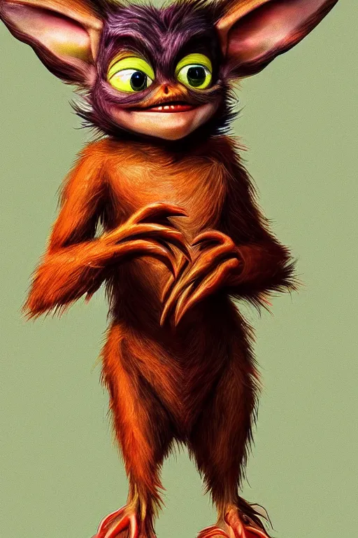 Image similar to colorful full body shot of gizmo gremlin, trending on artstation, trending on deviantart ,cinematic backlighting, 8k, symmetrical, correct proportions, hyper detail, studio disney
