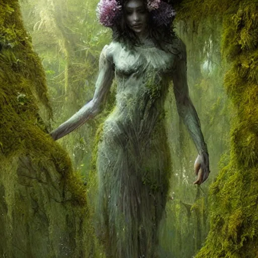 Prompt: a beautiful humanoid creature made out of moss and flowers. ethereal fantasy art by greg rutkowski