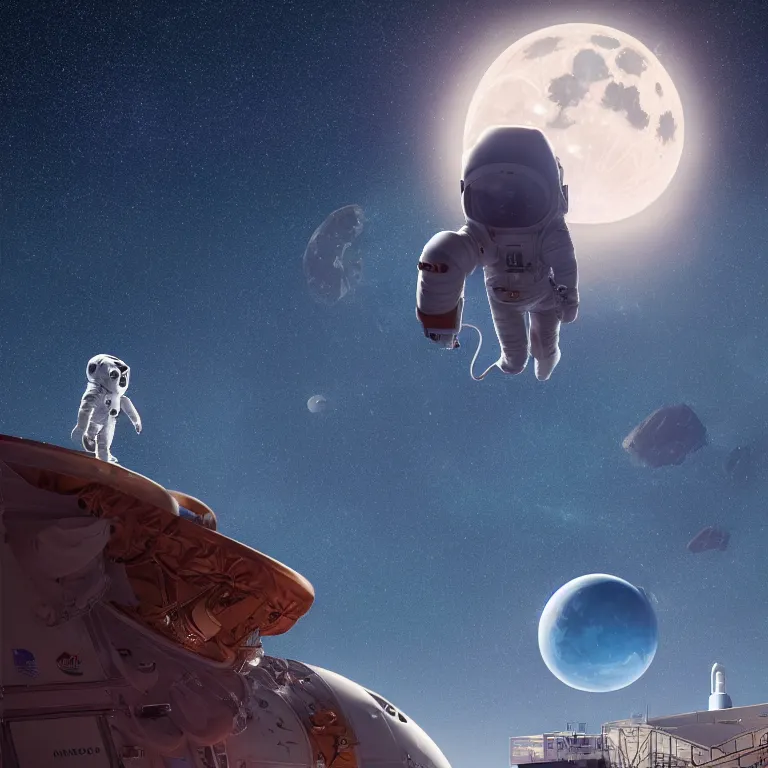 Prompt: an astronaut monkey near elon musk in front of spacex falcon 9, moon background, by john william godward and anna dittman and laurie greasley and victo ngai and taro okamoto and caspar david friedrich, full body portrait atmospheric lighting, intricate detail, cgsociety, hyperrealistic, octane render, rpg portrait, ambient light, dynamic lighting