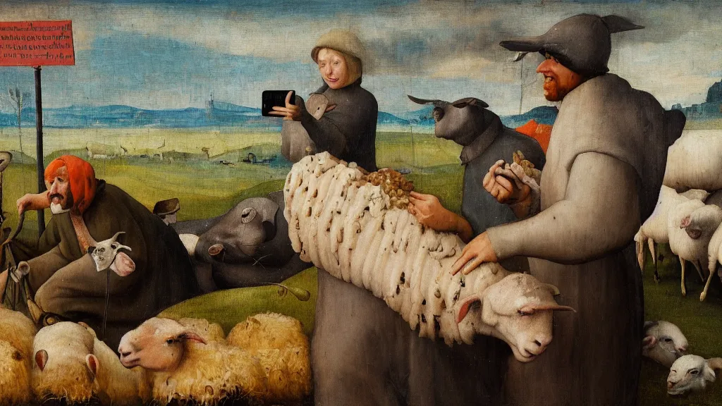 Image similar to A butcher and sheep taking a selfie smiling, in the fashion of Hieronymus Bosch, oil on canvas, painting, 4k, wide shot