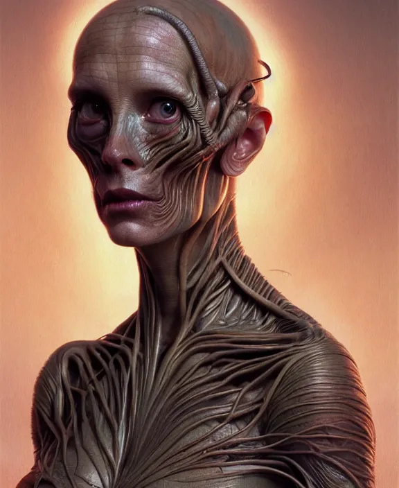 Prompt: intricate earth - toned portrait of a disturbing terrifying alien insect creature, mottling coloring, adorable, childlike, medical environment, ultra realistic, concept art, art nouveau, photorealistic, octane render, 8 k, unreal engine. art by christopher marley and artgerm and greg rutkowski and alphonse mucha