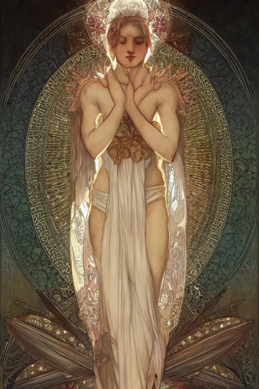 Image similar to a full body portrait of a beautiful ethereal delicate mage queen meditative sacral pose catholic stages of the cross, intricate, elegant, highly detailed, digital painting, artstation, concept art, smooth, sharp focus, illustration, art by krenz cushart and artem demura and alphonse mucha