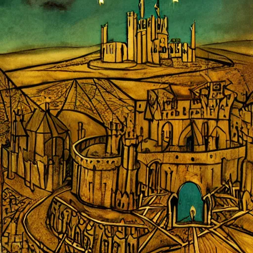 Image similar to A fascinating and detailed description of a medieval castle under siege, by Michael Deforge and Leon Kossoff, style of optical art, chartreuse, Lawrence of Arabia featured on ArtStation, trending on ArtStation, cgsociety, trending on 500px, deviantart