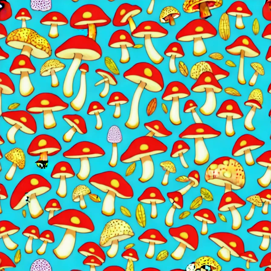 Image similar to plethora of mushroom characters and mycelium, vivid natural color hues and natural surroundings, colorful painted patterns and motifs on mushrooms, seamless fabric pattern 8K, highly detailed.